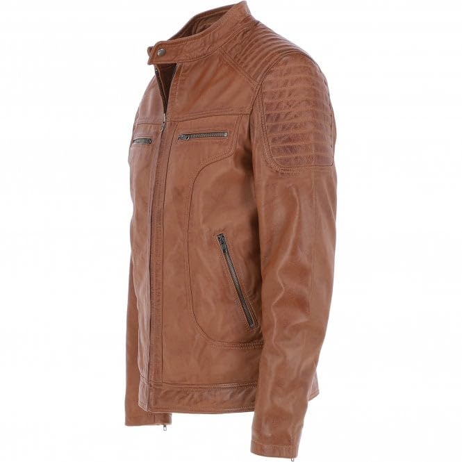 Men's Black Leather Biker Jacket with Zip Front, Multiple Pockets