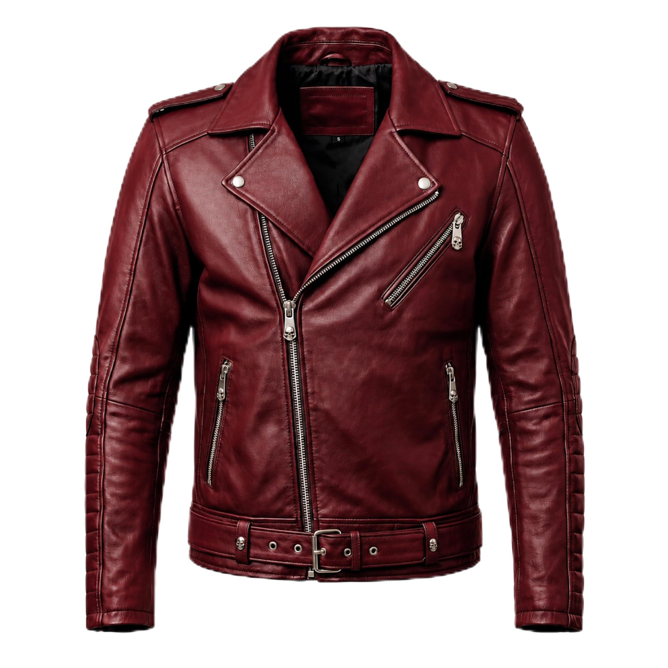 Timber&Hide Motorhead Inspired Leather Biker Jacket | Skull Printed Leather Jacket | Men's Burgundy Leather Motorcycle Jacket