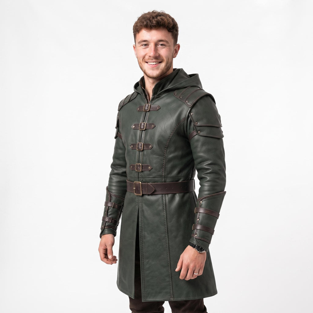 Men's Hooded Leather Assassin Coat: Dark Fantasy Ranger Trench Jacket