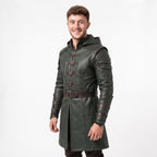 Men's Hooded Leather Assassin Coat: Dark Fantasy Ranger Trench Jacket
