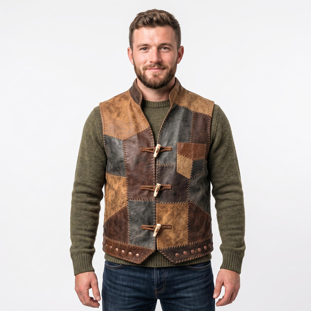 Men's Patchwork Leather Vest | Handmade Genuine Cowhide Biker Waistcoat