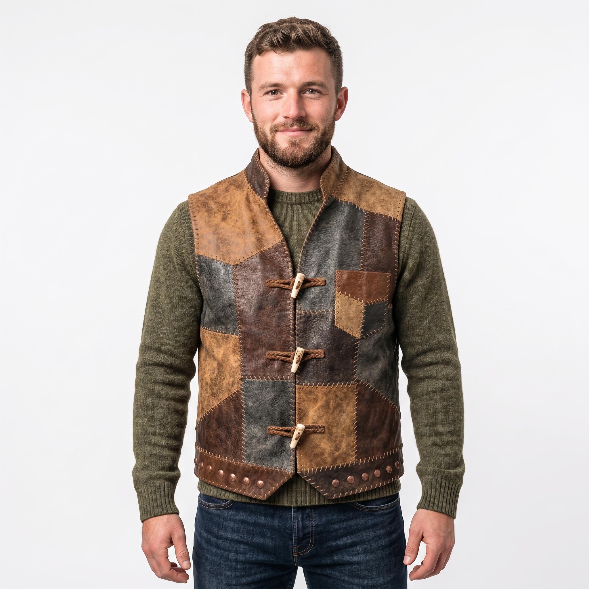 Men's Patchwork Leather Vest | Handmade Genuine Cowhide Biker Waistcoat