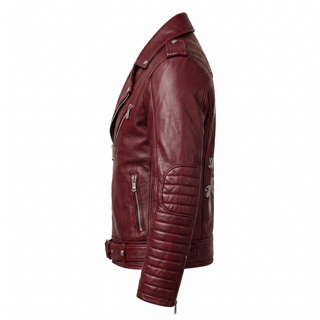 Motorhead Inspired Burgundy Leather Biker Jacket with Skull Print