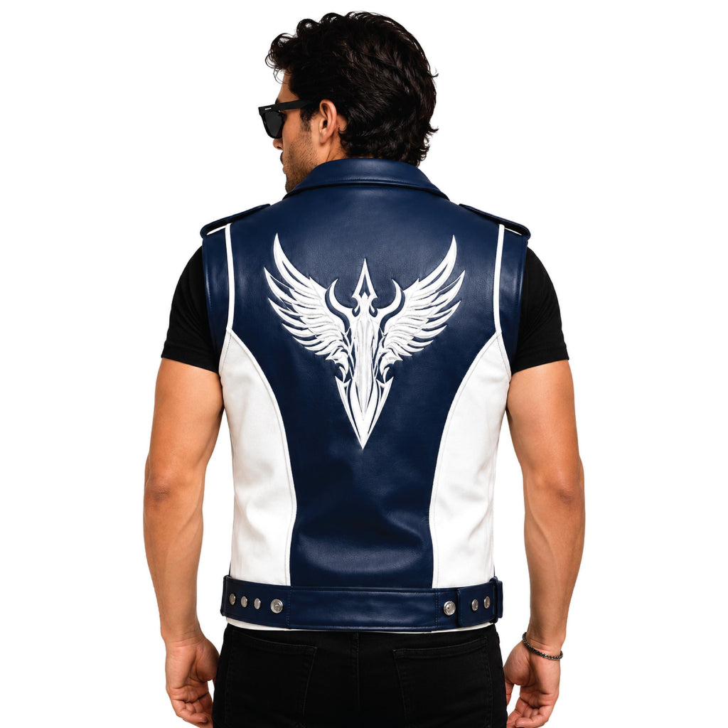 Men's Blue White Leather Biker Vest | Phoenix Print Motorcycle Riding Waistcoat