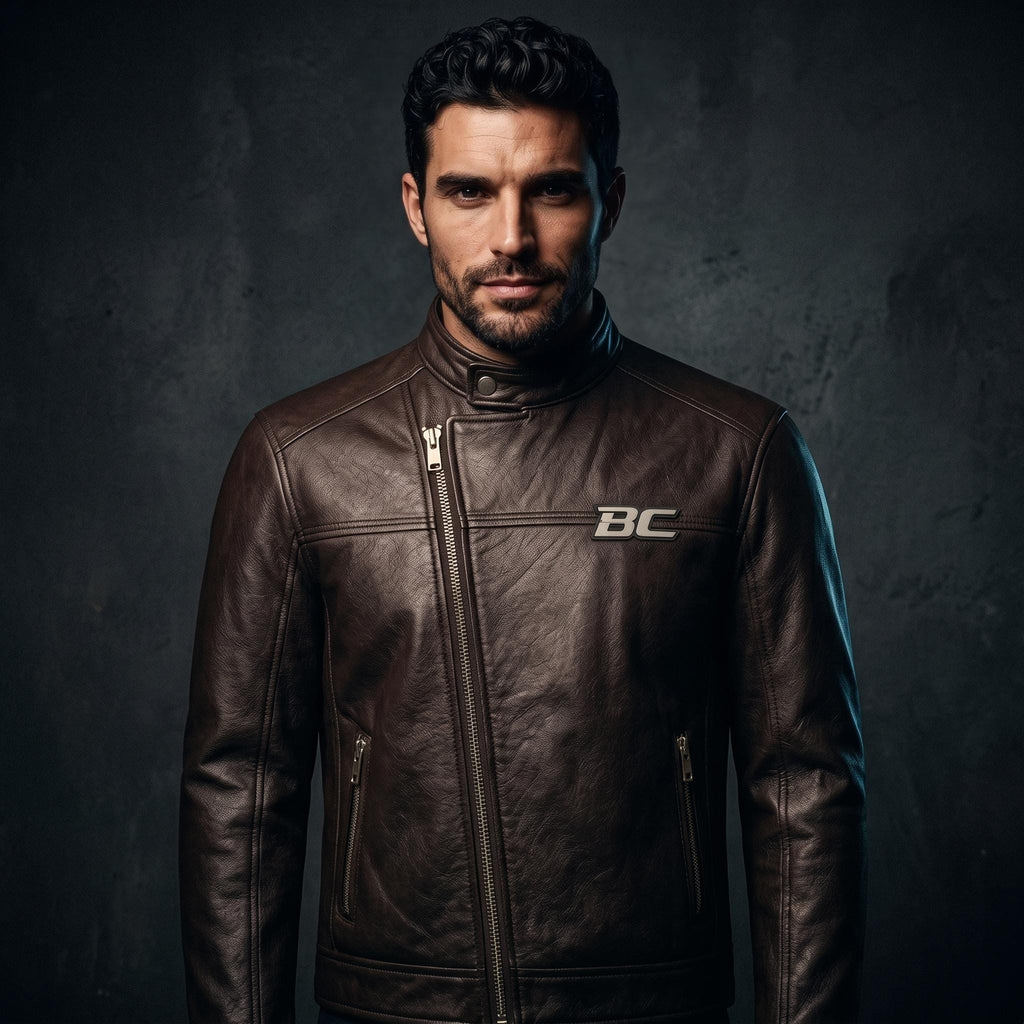Biker Club V-Twin Engine Leather Jacket - Winged Motor Graphic Cafe Racer