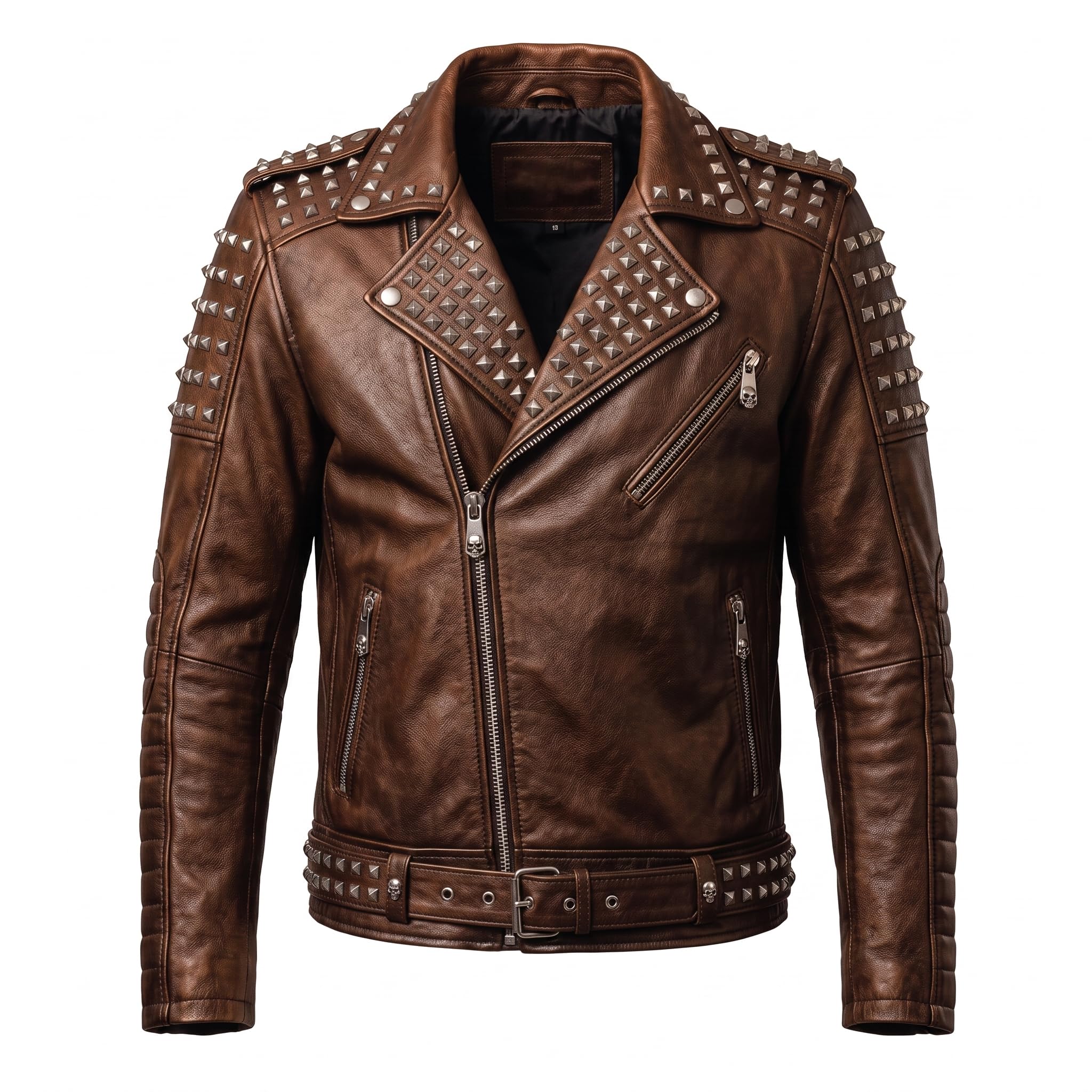 Timber&Hide Handmade Men's Black Leather Studded Biker Jacket | Custom Demon Skull Punk Rock Design