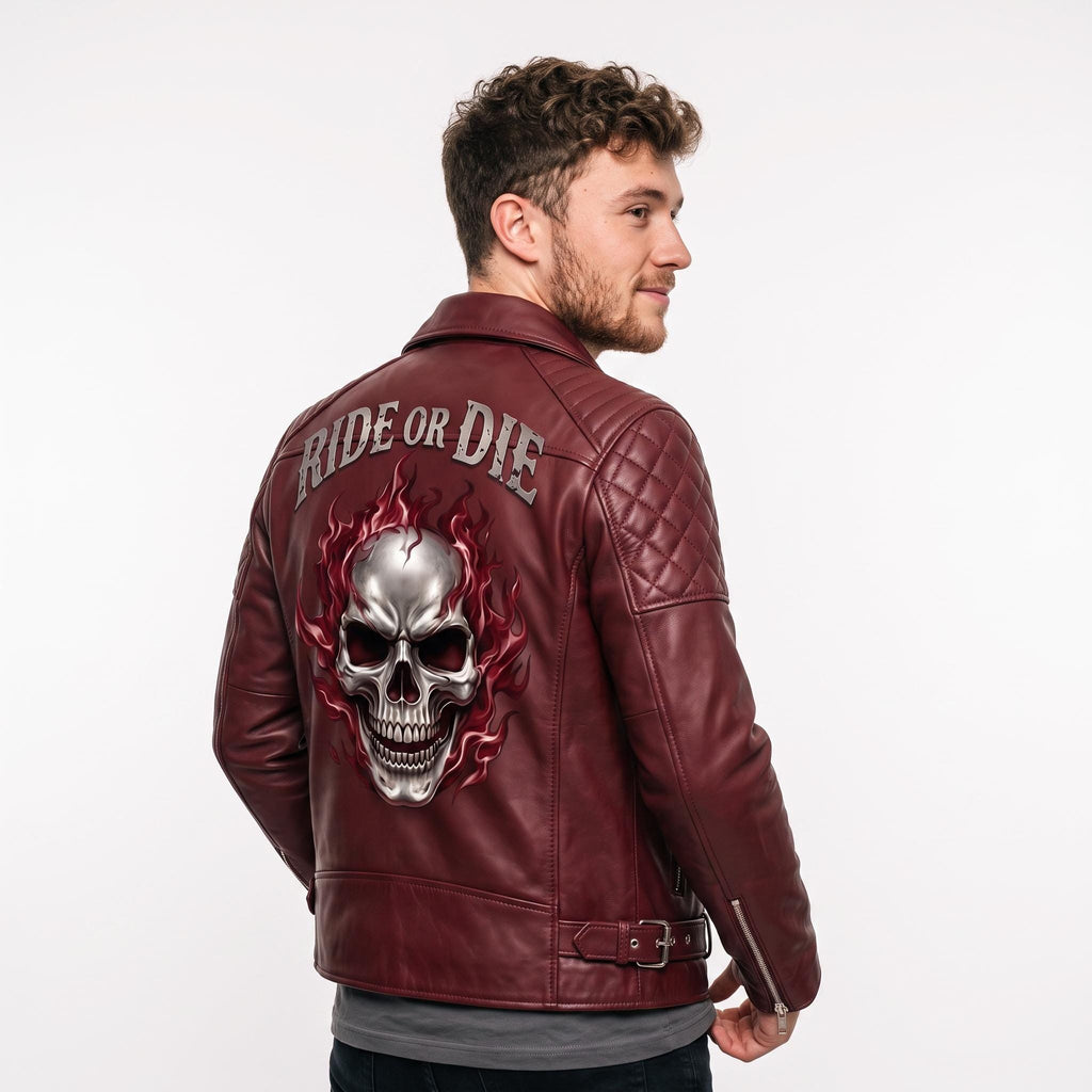 Ghost Rider Inspired Crimson Red Leather Biker Jacket | Flaming Skull Graphic, Ride or Die
