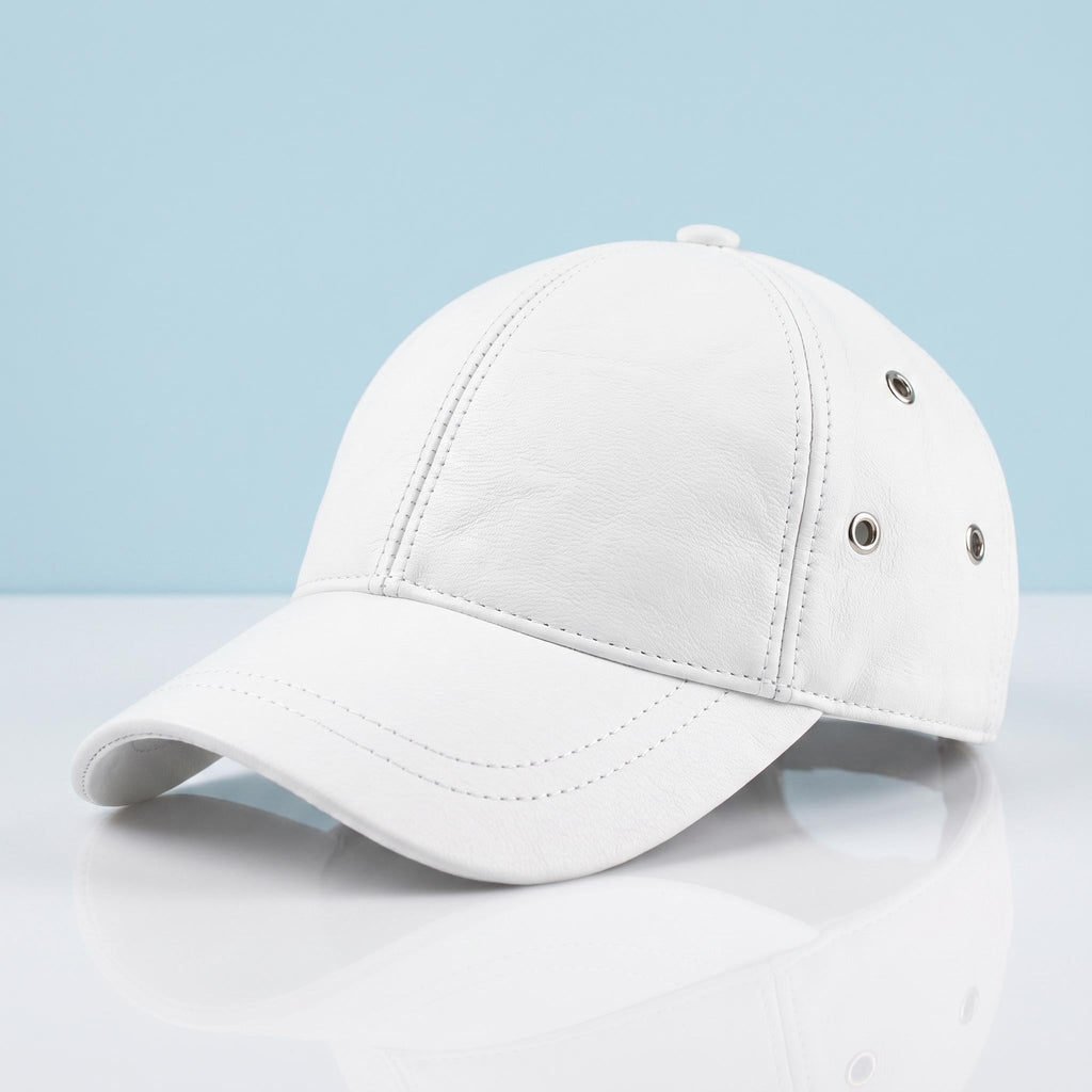 Handmade White Sheepskin Leather Baseball Cap, Soft Genuine Womens Hat