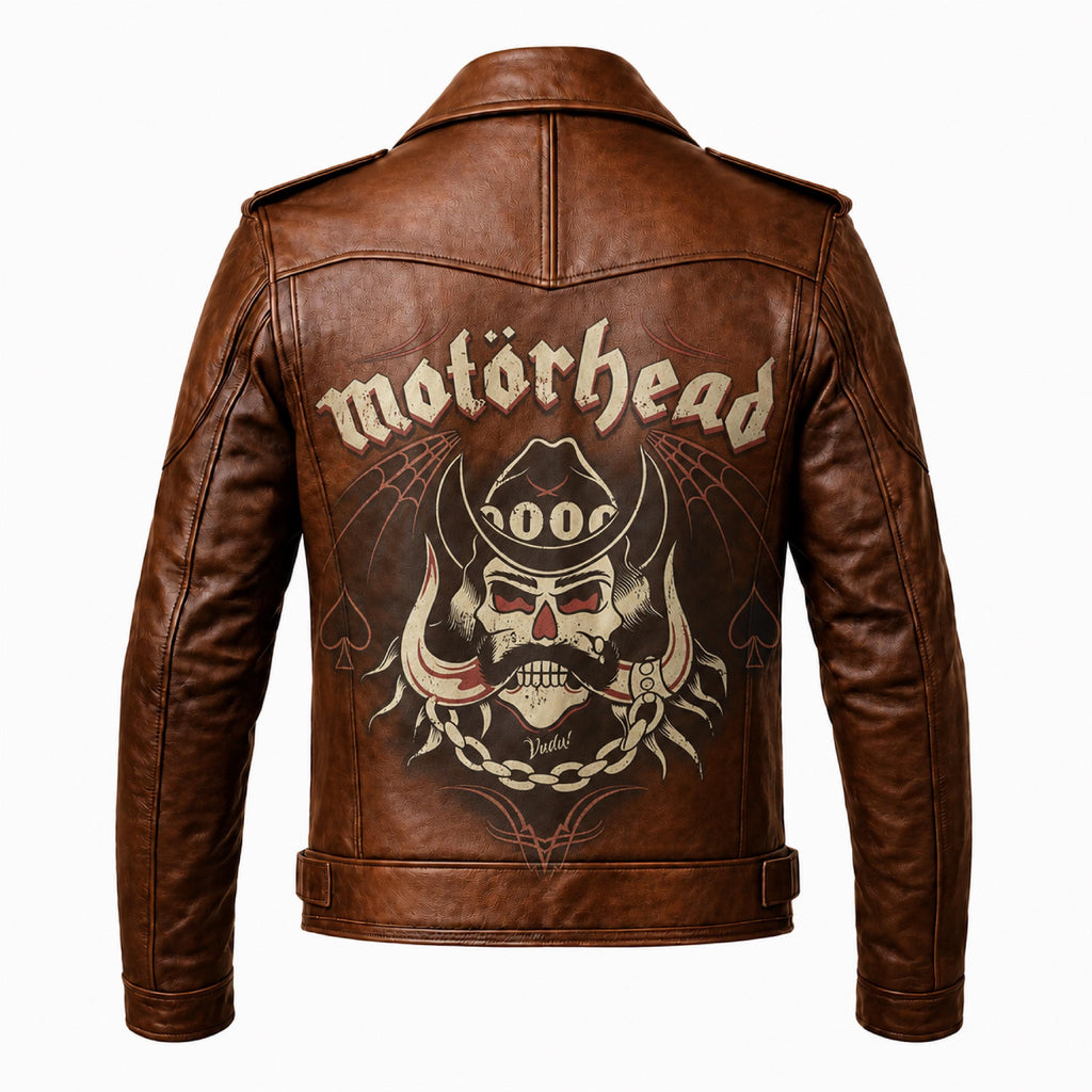 Brown Leather Skull Biker Jacket | Motorhead Inspired Cafe Racer Style