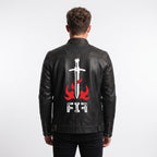 Men's Black Leather Biker Jacket, Sword Flame Graphic Rider Coat