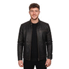 Men's Black Leather Biker Jacket, Sword Flame Graphic Rider Coat
