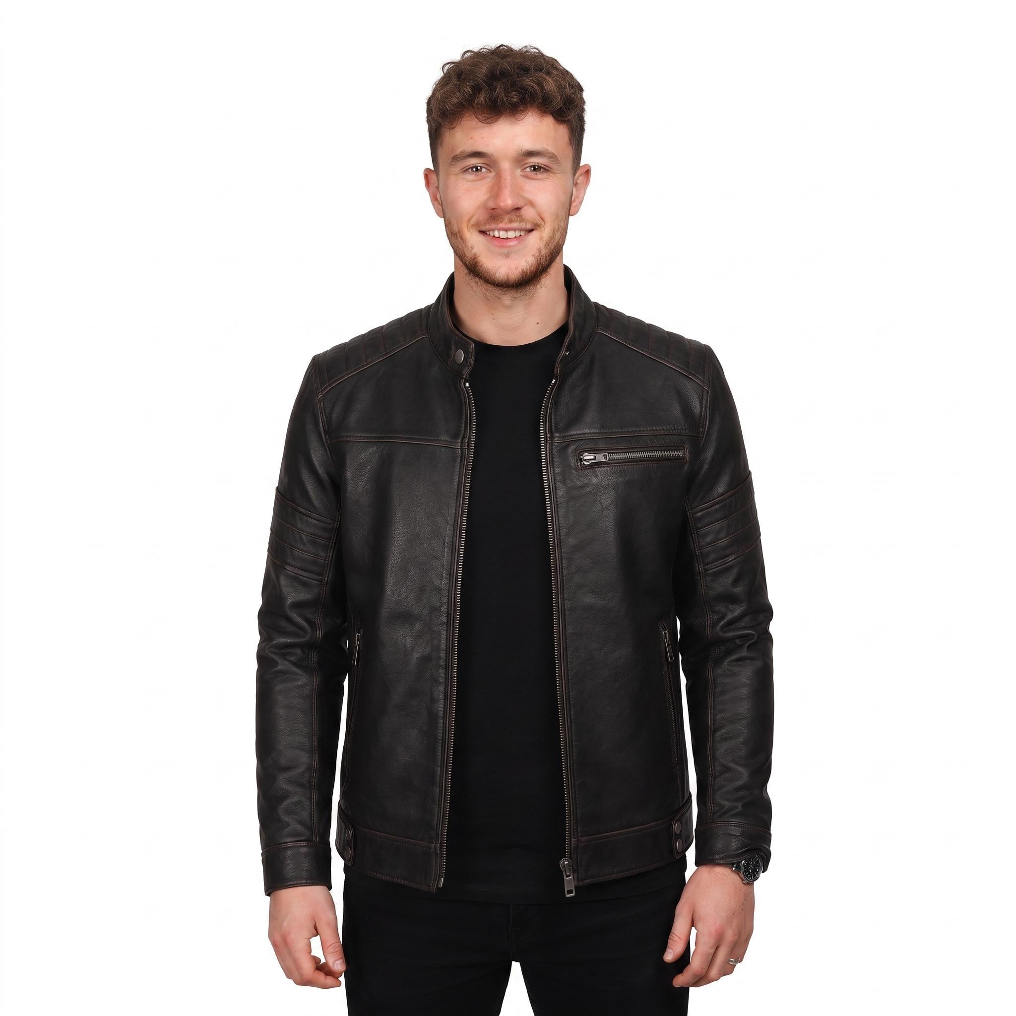 Men's Black Leather Biker Jacket, Sword Flame Graphic Rider Coat