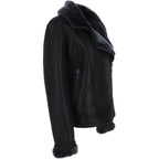 Black Crinkled Leather Aviator Jacket, Plush Shearling Trim Bomber