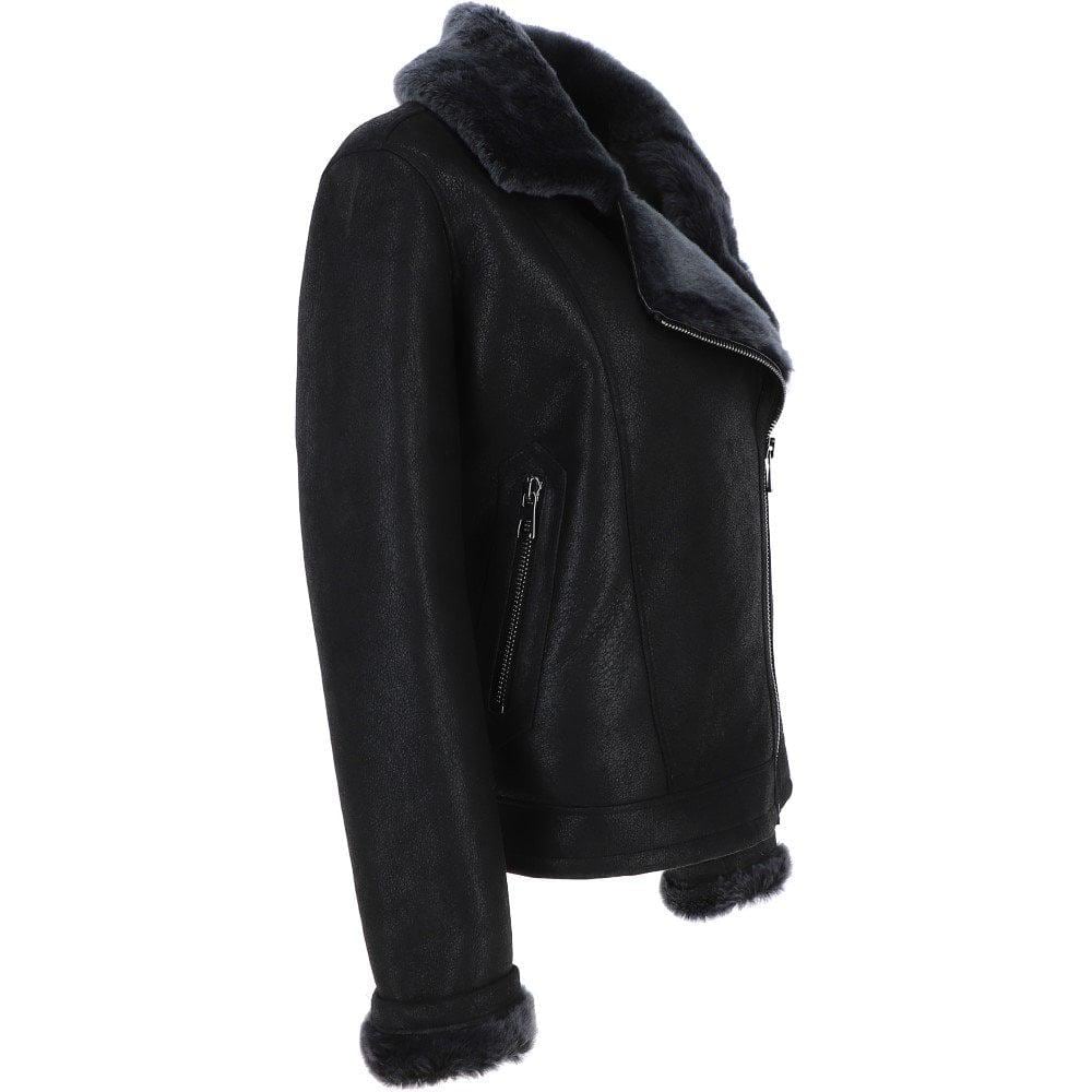 Black Crinkled Leather Aviator Jacket, Plush Shearling Trim Bomber