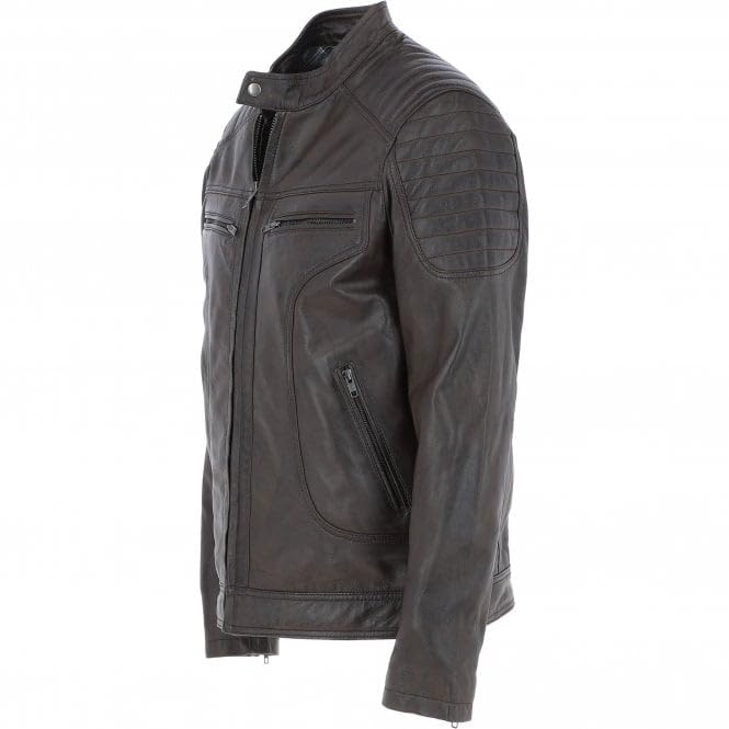 Men's Black Leather Biker Jacket with Zip Front, Multiple Pockets