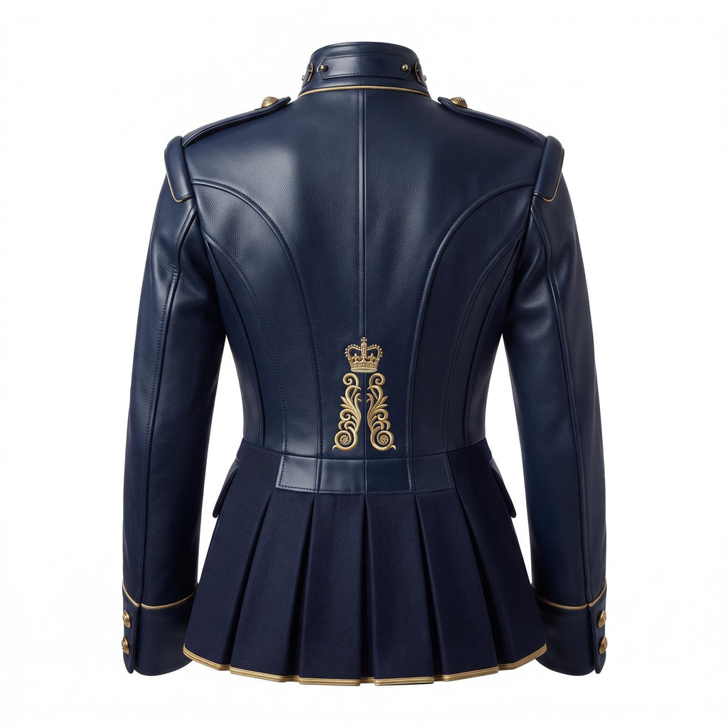 Navy Blue Leather Peplum Jacket: Victorian Military Officer Style Blazer