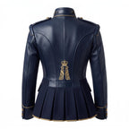 Navy Blue Leather Peplum Jacket: Victorian Military Officer Style Blazer
