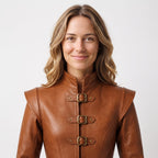 Handmade Cognac Leather Doublet Jacket | Medieval Sword Detail, Renaissance Cosplay