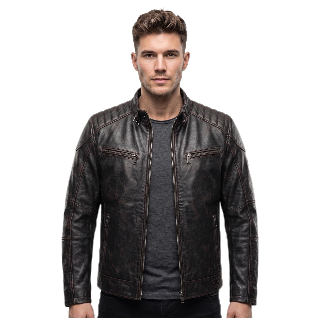 Men's Genuine Leather Black Biker Jacket with Eagle Back Patch, Handmade Vintage Cafe Racer Motorcycle Jacket