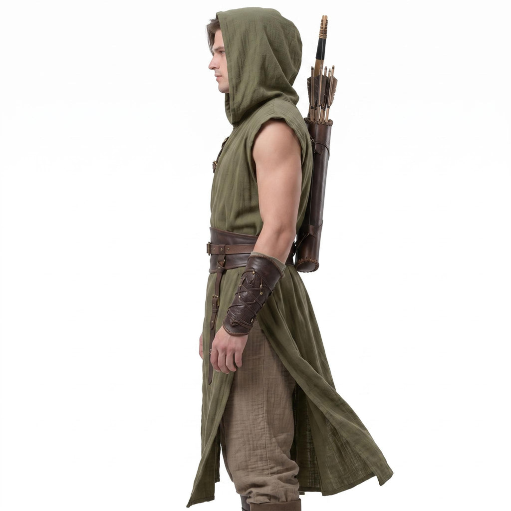 Medieval Archer Tunic Hooded Costume, Renaissance Ranger LARP Outfit, Leather Belt