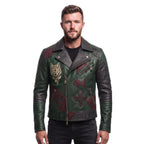 Timber&Hide Men's Leather Biker Moto Jacket | Gothic Cross Design | Embroidered Patch jacket