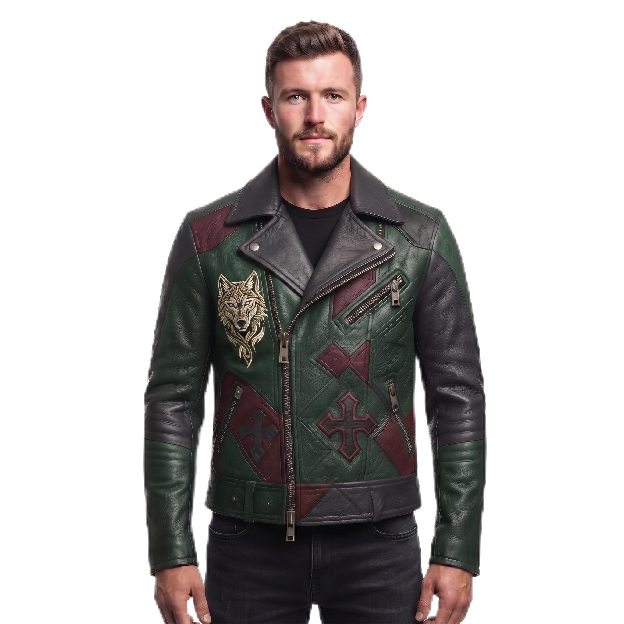 Timber&Hide Men's Leather Biker Moto Jacket | Gothic Cross Design | Embroidered Patch jacket