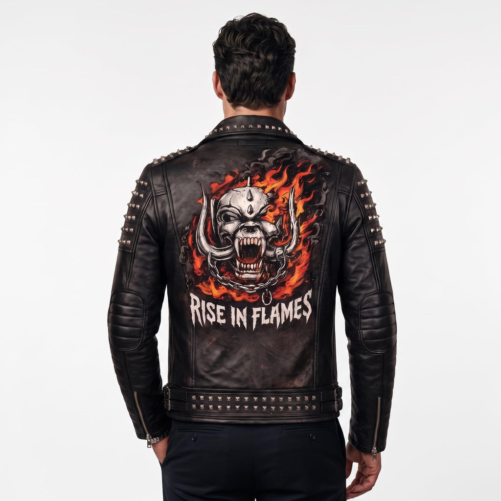 Timber&Hide Handmade Men's Black Leather Studded Biker Jacket | Custom Demon Skull Punk Rock Design