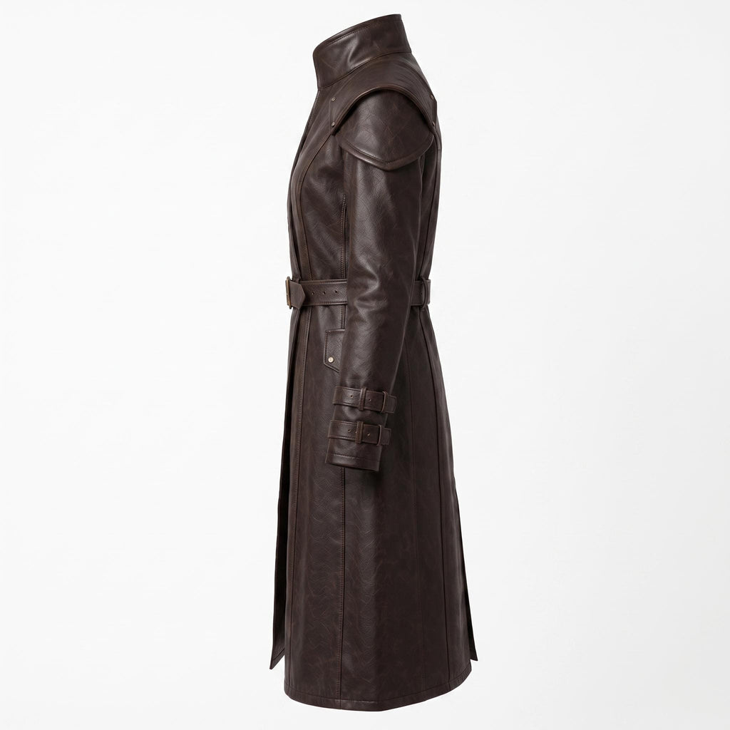 Brown Leather Trench Coat | Medieval Gothic Long Overcoat, Belted Fantasy Jacket