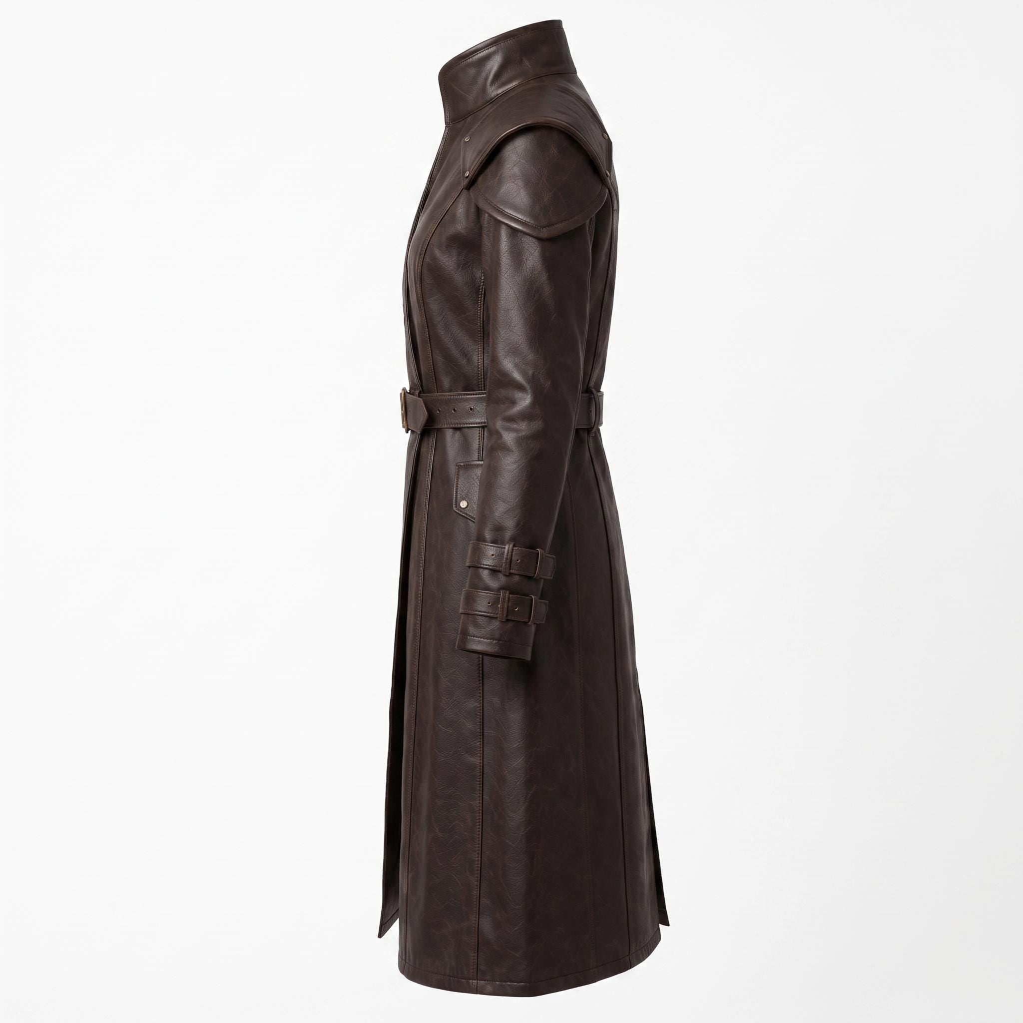 Brown Leather Trench Coat | Medieval Gothic Long Overcoat, Belted Fantasy Jacket
