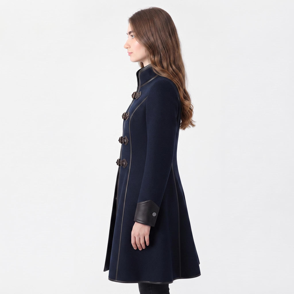 Navy Wool Coat with Leather Trim, Buckle Front, Dark Academia Style Jacket