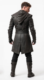 Men's Hooded Leather Assassin Coat | Medieval Ranger Trench LARP Cosplay Jacket