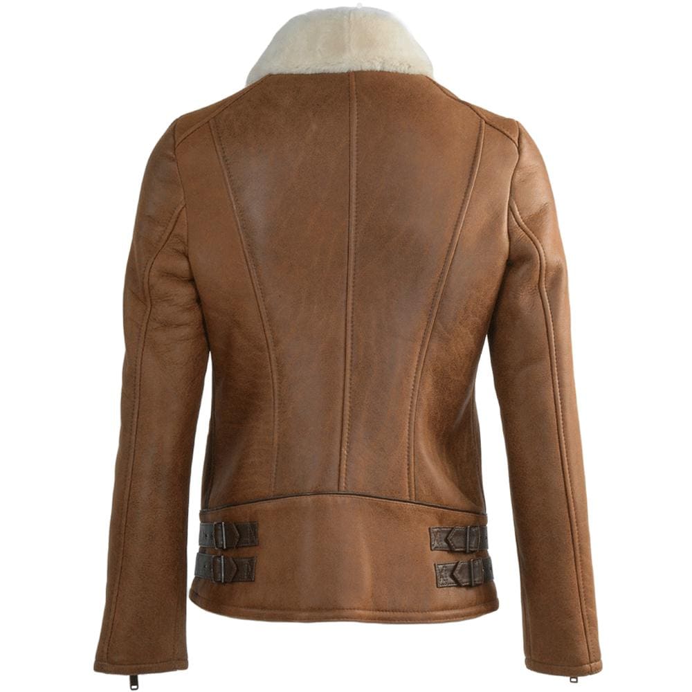Women's Tan Leather Aviator Jacket, Sheepskin Shearling Bomber Coat, Faux Fur Collar
