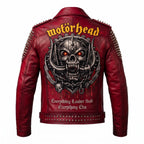 Timber&Hide Men's Crimson red Leather Biker Jacket | Studded Punk Rock Demon Skull Design