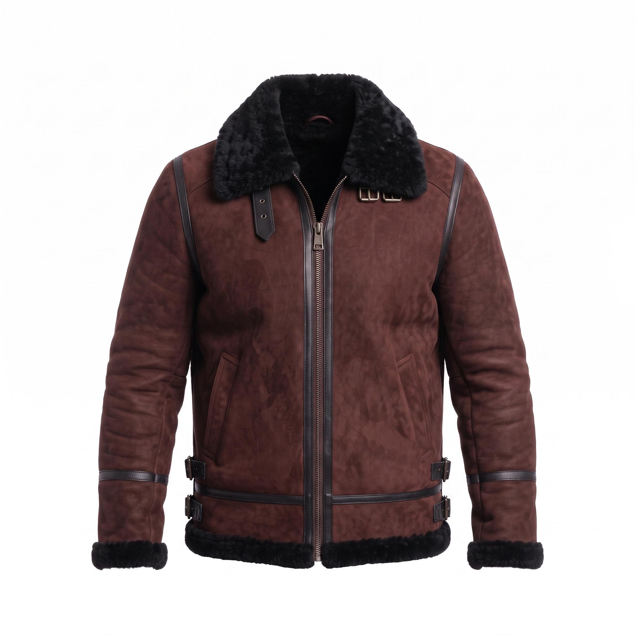 Men's Suede Shearling Aviator Jacket, Brown Leather Trim Biker Style