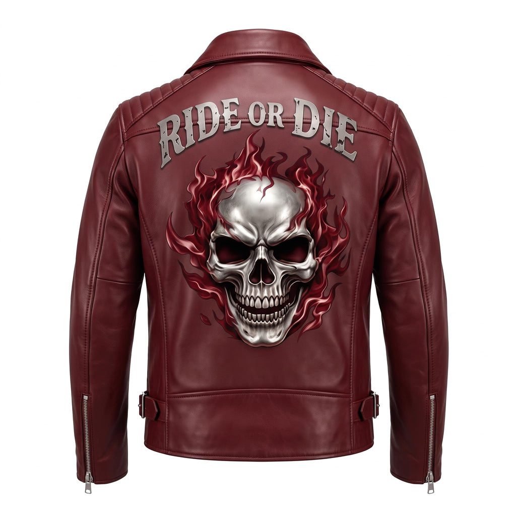 Vintage Crimson Red Skull Leather Jacket |Motorcycle Jacket with Skull Back