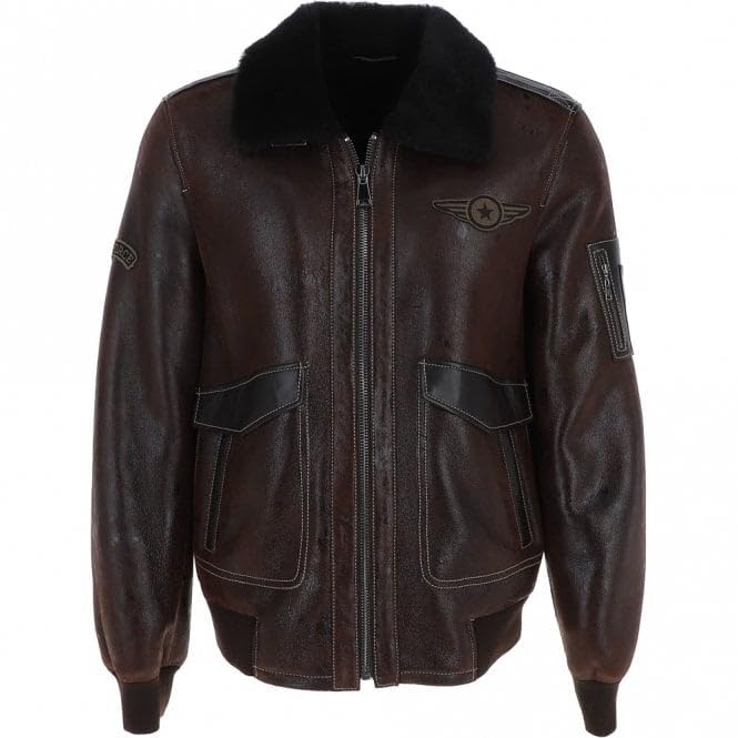 Premium Leather Aviator Jacket with Detachable Collar Black/Cream