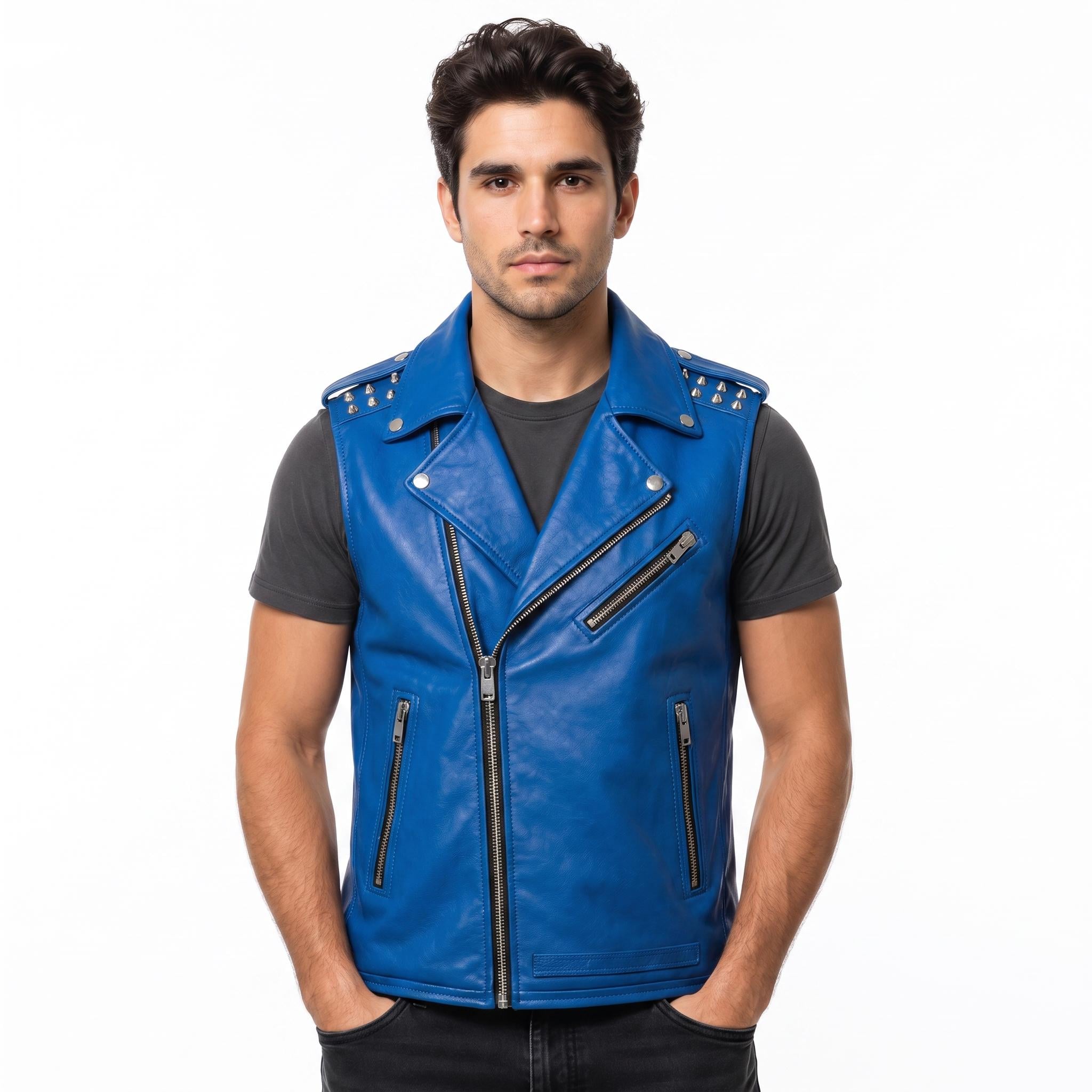 Men's Genuine Leather Biker Vest – Studded Double Rider Motorcycle Jacket
