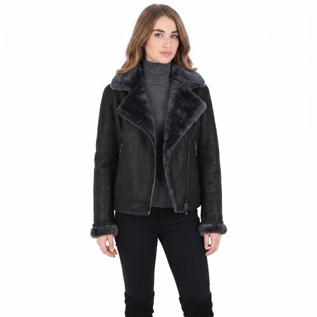 Black Crinkled Leather Aviator Jacket, Plush Shearling Trim Bomber