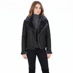 Black Crinkled Leather Aviator Jacket, Plush Shearling Trim Bomber