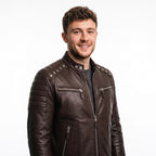 Brown Leather Biker Jacket with Sword Flame Graphic – Moto Punk Streetwear Coat