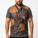 Men's Patchwork Leather Vest | Handmade Genuine Cowhide Biker Waistcoat