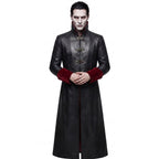Gothic Black Faux-Leather Trench Coat with Red Accents – Victorian Duster Jacket