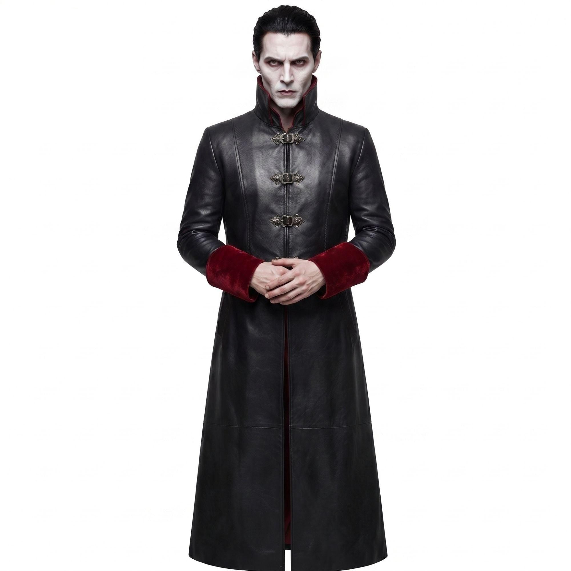 Gothic Black Faux-Leather Trench Coat with Red Accents – Victorian Duster Jacket