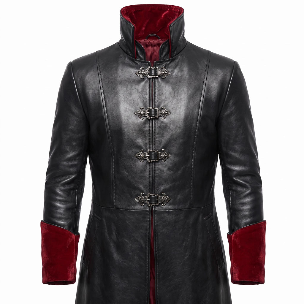 Gothic Black Faux-Leather Trench Coat with Red Accents – Victorian Duster Jacket