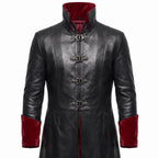 Gothic Black Faux-Leather Trench Coat with Red Accents – Victorian Duster Jacket
