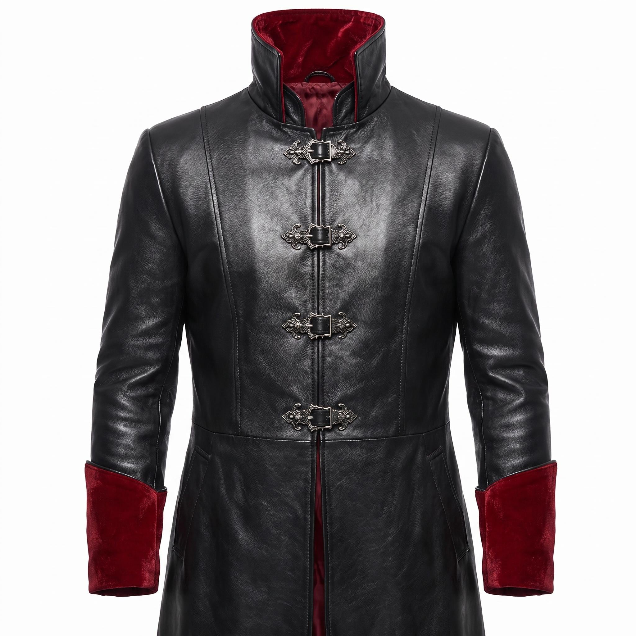 Gothic Black Faux-Leather Trench Coat with Red Accents – Victorian Duster Jacket
