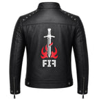 Brown Leather Biker Jacket with Sword Flame Graphic – Moto Punk Streetwear Coat