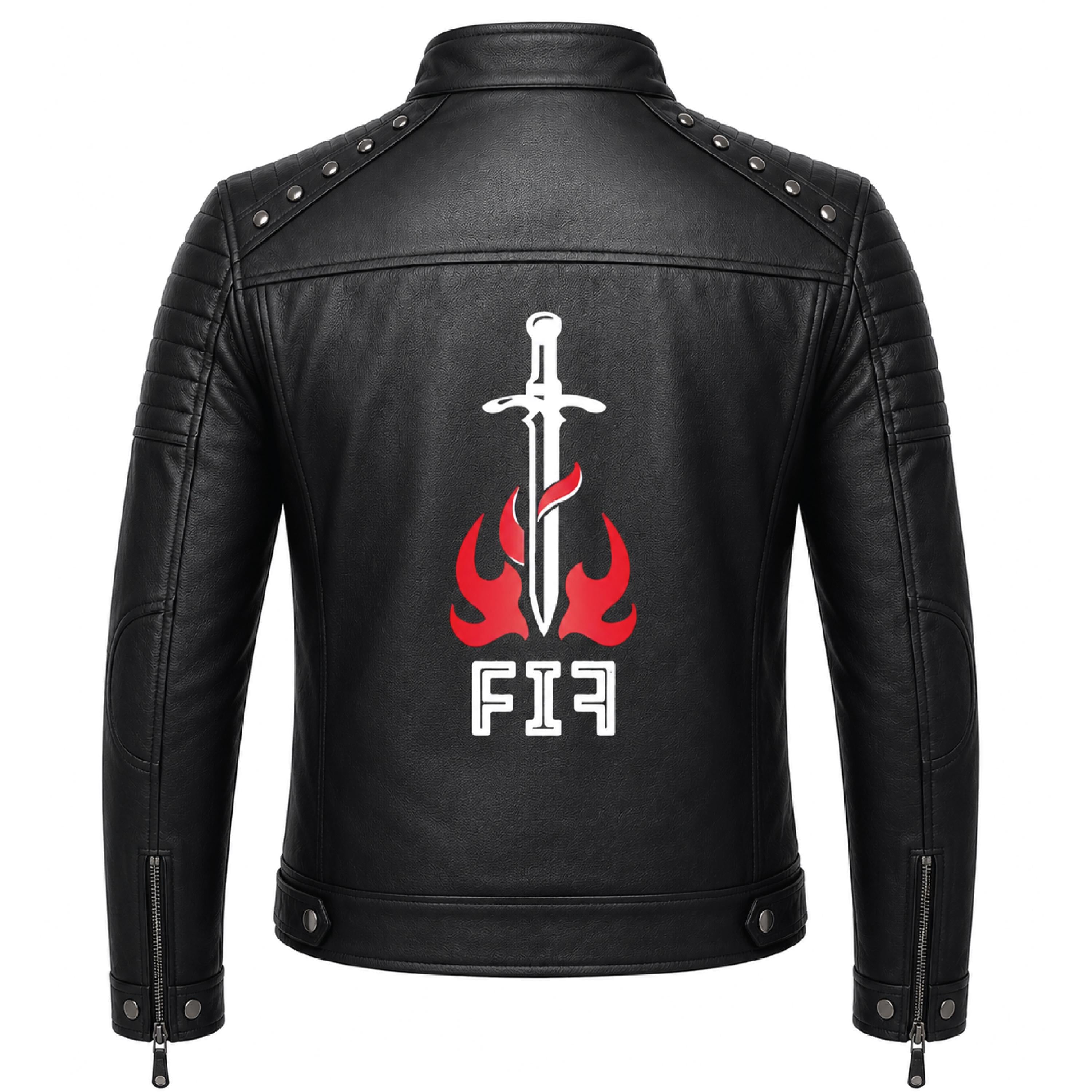 Brown Leather Biker Jacket with Sword Flame Graphic – Moto Punk Streetwear Coat