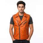 Timber&Hide Men's Genuine Leather Motorcycle Biker Vest – Classic Double Rider Style with Studded Shoulders