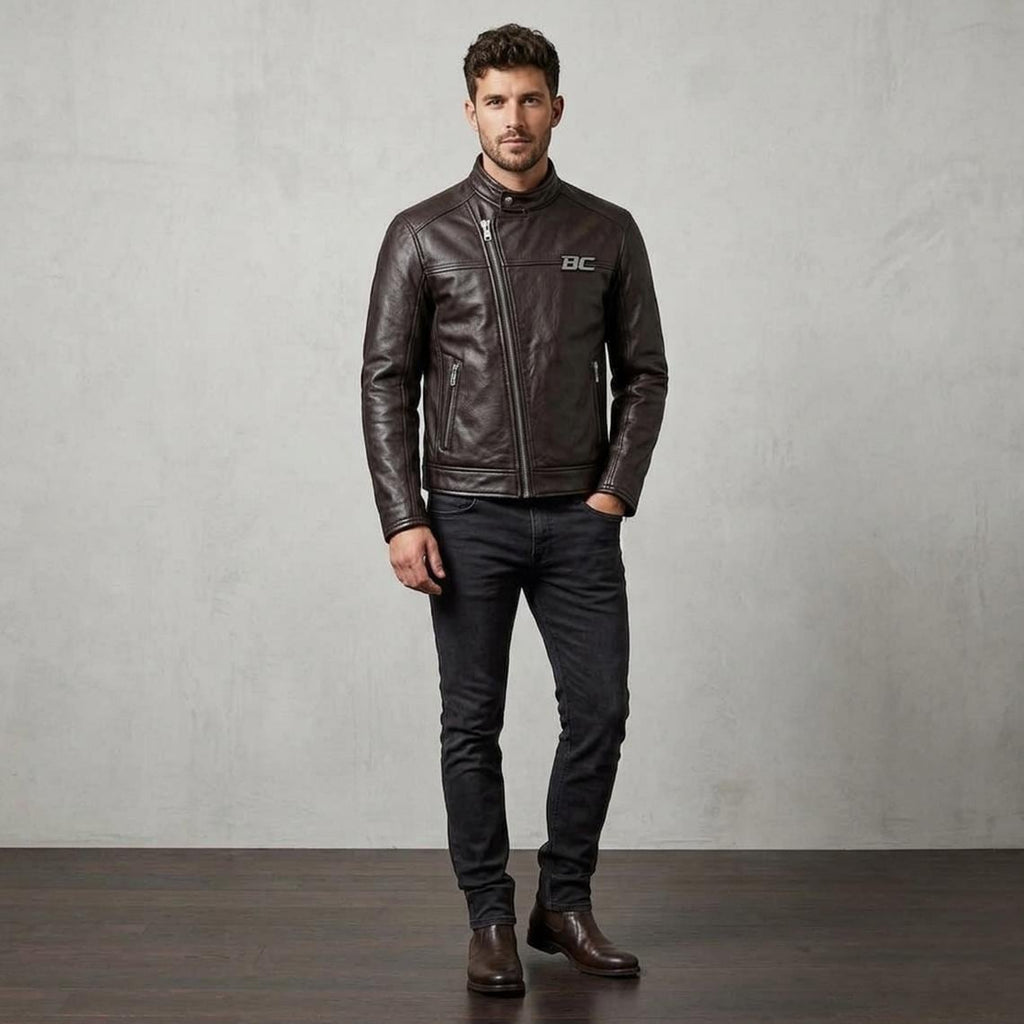 Biker Club V-Twin Engine Leather Jacket - Winged Motor Graphic Cafe Racer